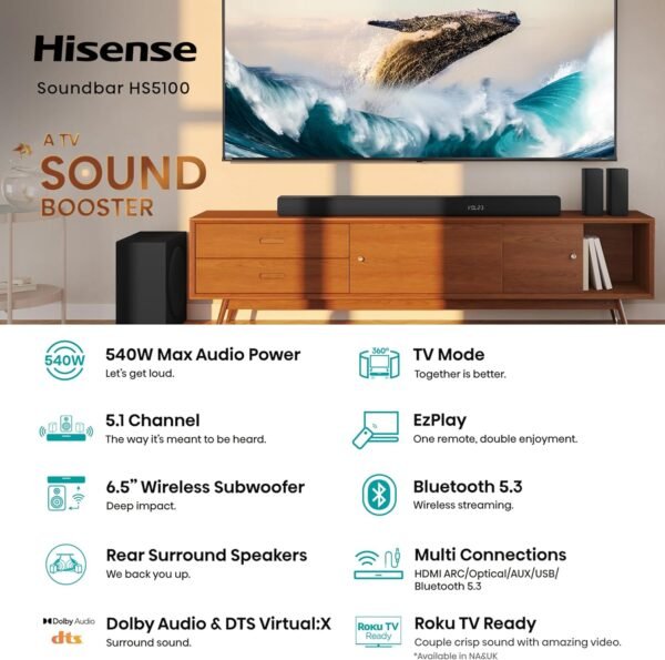 81QqfKSmf8L._AC_SL1500_ Hisense HS5100 5.1Ch Sound Bar Review Powerful Audio with Wireless Subwoofer and Bluetooth 5.3